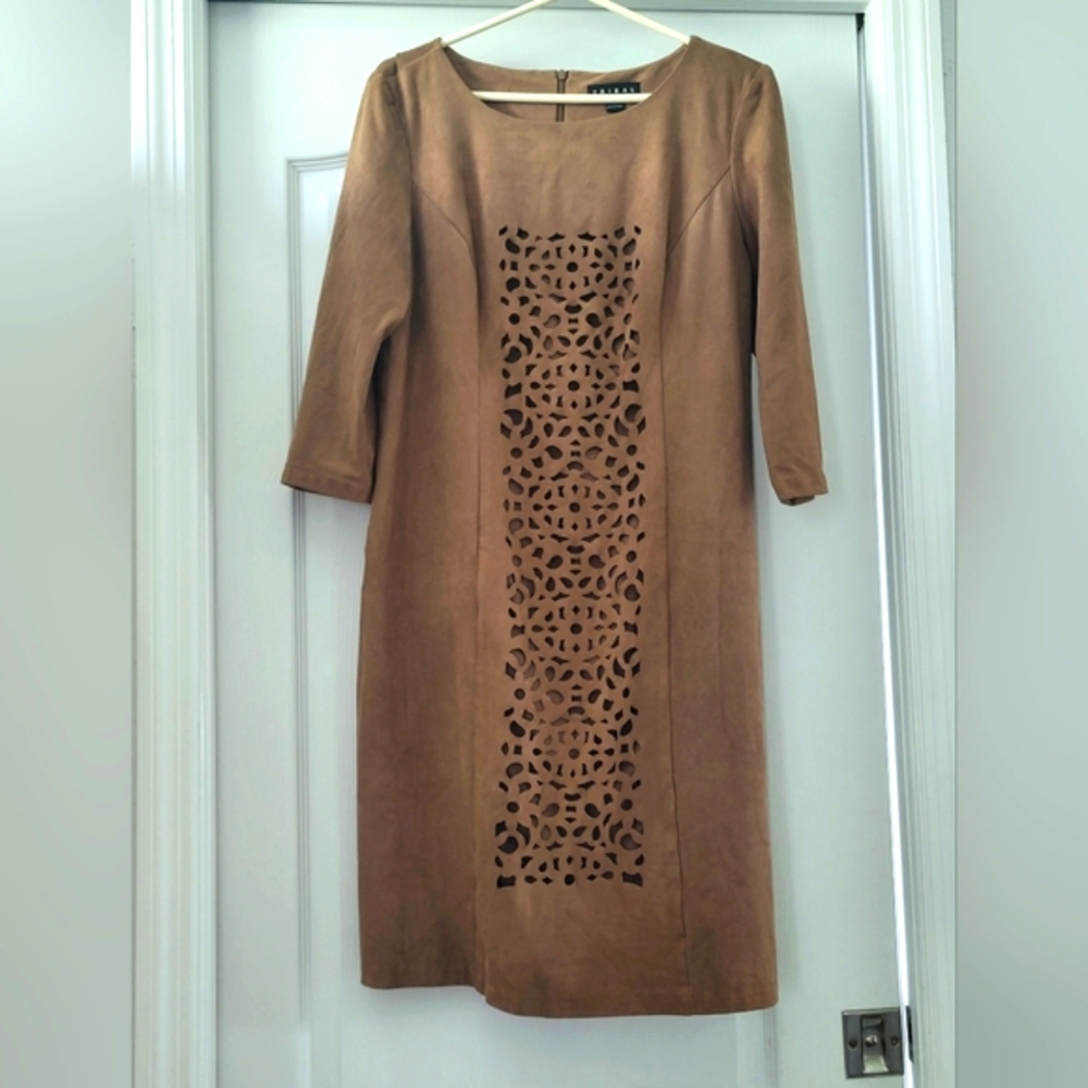 Tribal Tan Dress Laser Cut 3/4 Sleeve Vegan Suede- 10 EUC